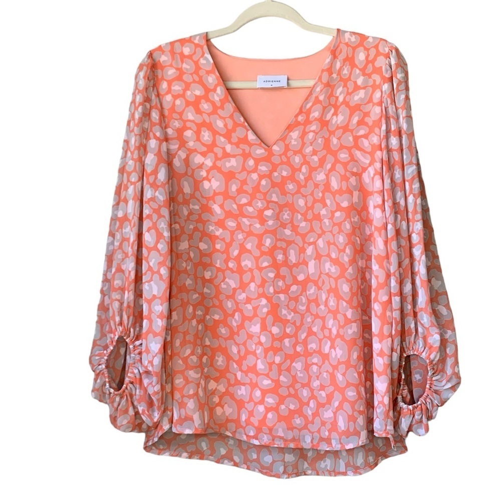 Adrienne coral leopard vneck long sleeve blouse. Size M